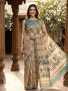 Beige and Green Linen Cotton Saree