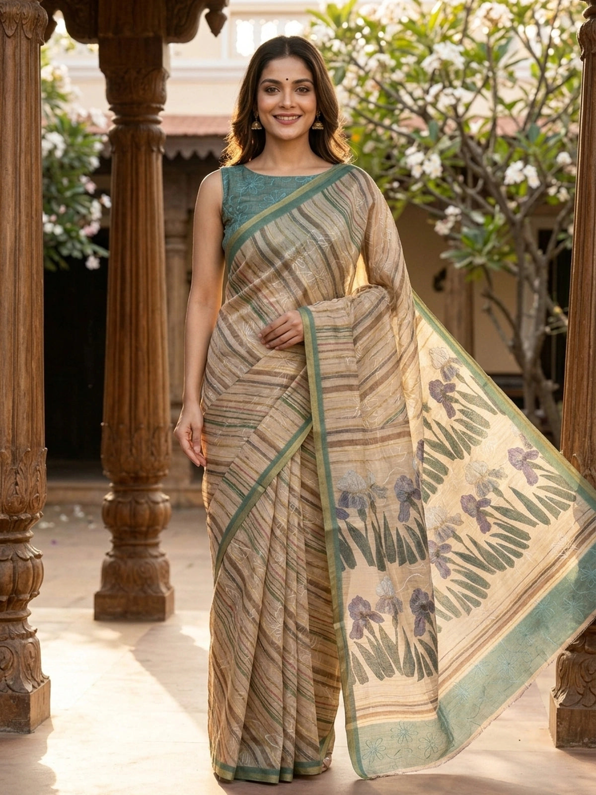 Beige and green linen cotton saree with striped body, floral iris pallu and green zari border