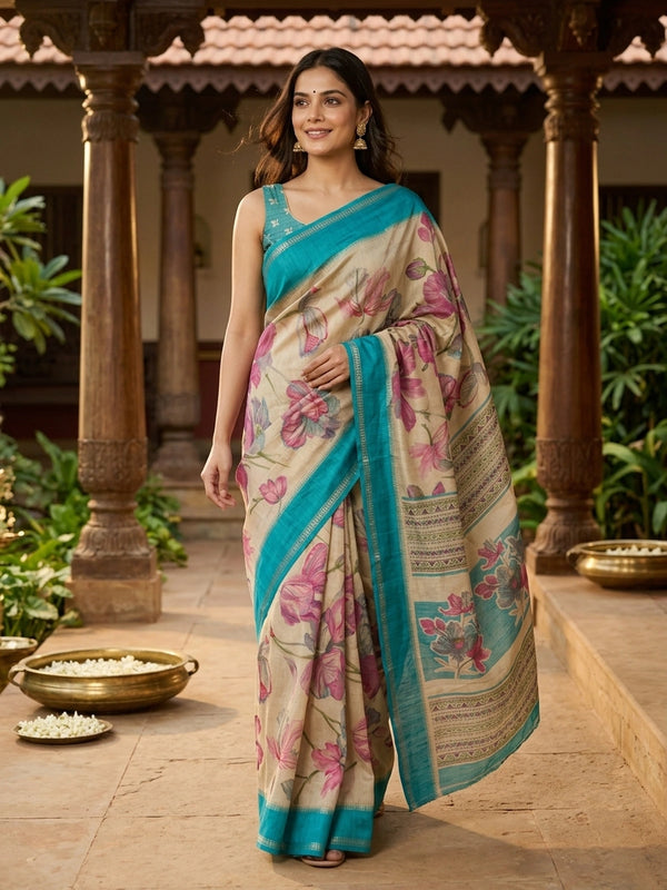 Beige Dola silk saree with pink and blue floral print and contrast teal zari border