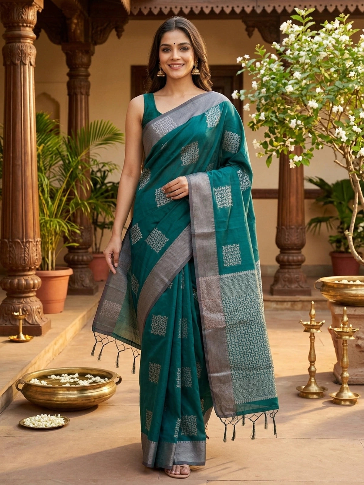 Teal green silk cotton saree with silver zari butta and contrast maroon border