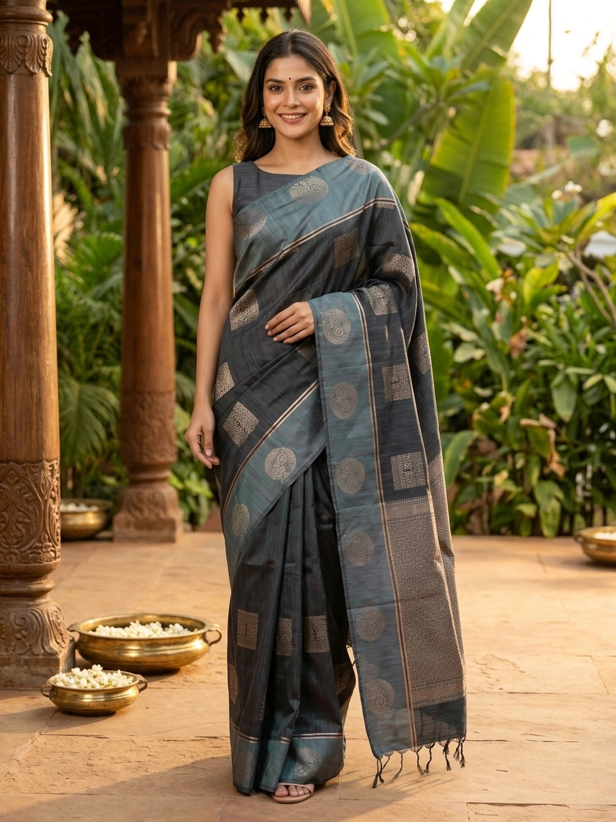 Dual-tone grey and gold Kanchipuram Fancy Silk saree with gold zari buttas and contrast zari border