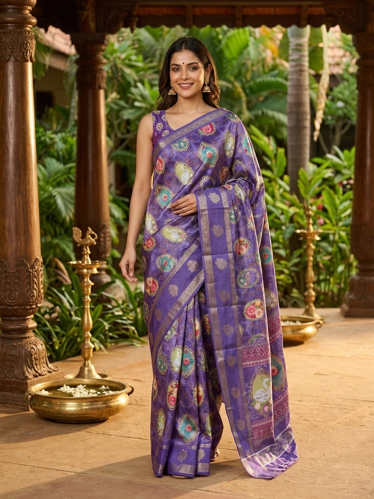 Violet and Gold Dola Silk Saree