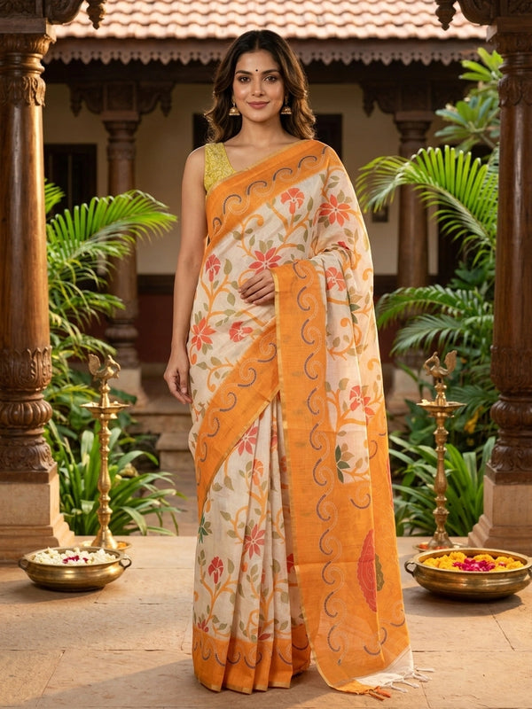 Cream linen cotton saree with orange floral print and paisley border