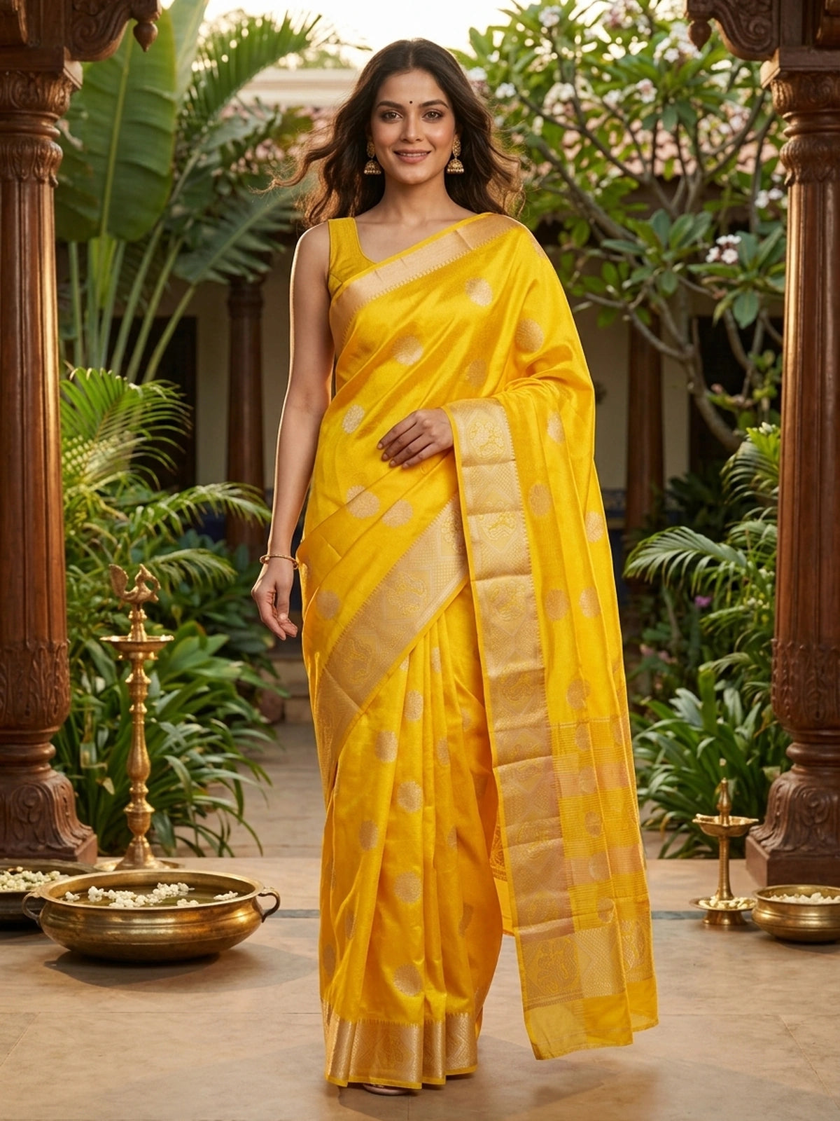 Bright yellow semi tussar saree with silver and gold zari butta motifs and contrast zari border