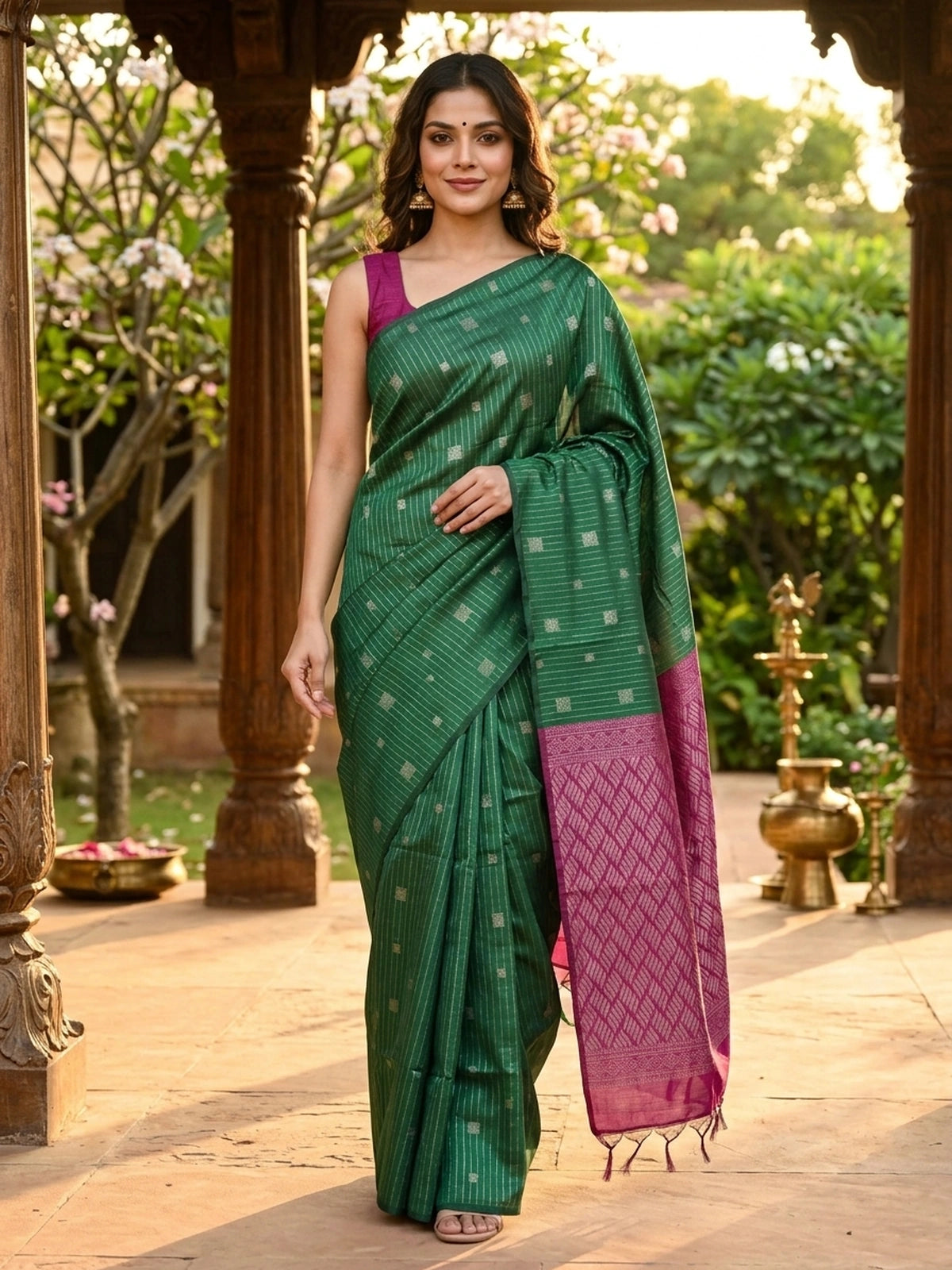 Bottle Green and Magenta Silk Cotton Saree