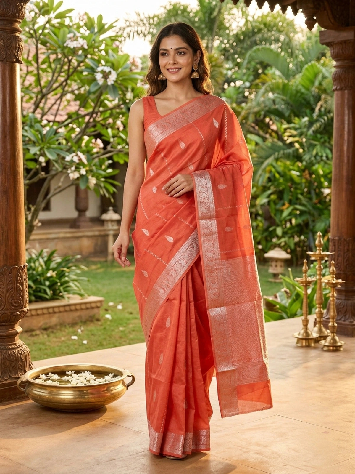 Coral orange silk cotton saree with silver zari buttis and ornate zari border