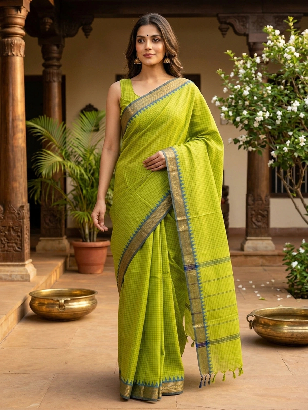Parrot Green and Blue Chettinad Cotton Saree