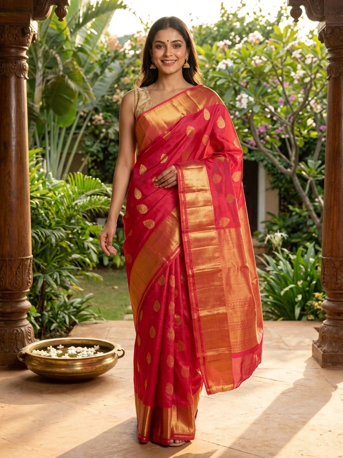 Pink and gold pure Kanchipuram silk saree with gold zari buttis, wide contrast border and woven zari pallu