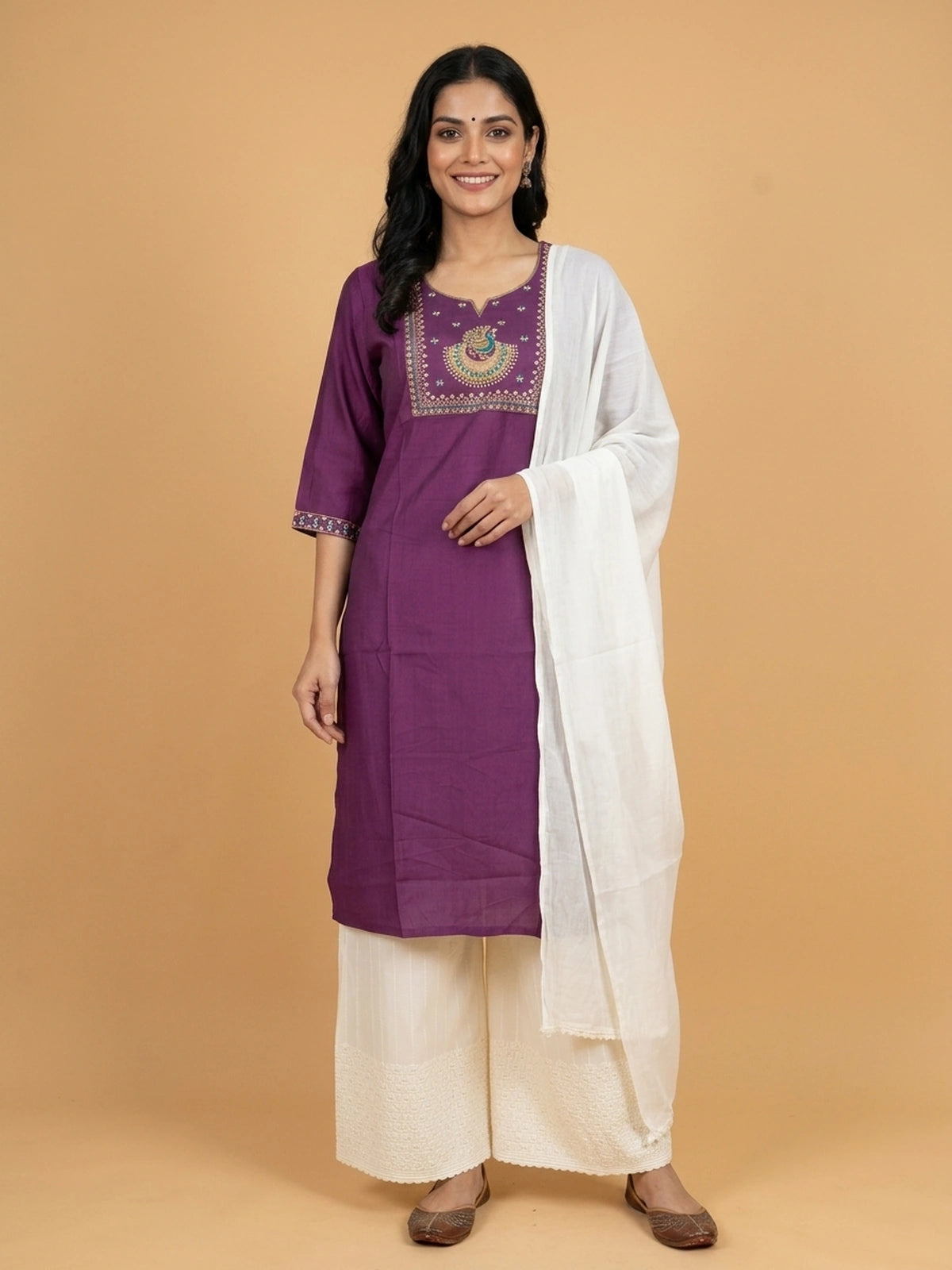 Purple peacock embroidered Anarkali kurti top with gold and teal zari yoke work