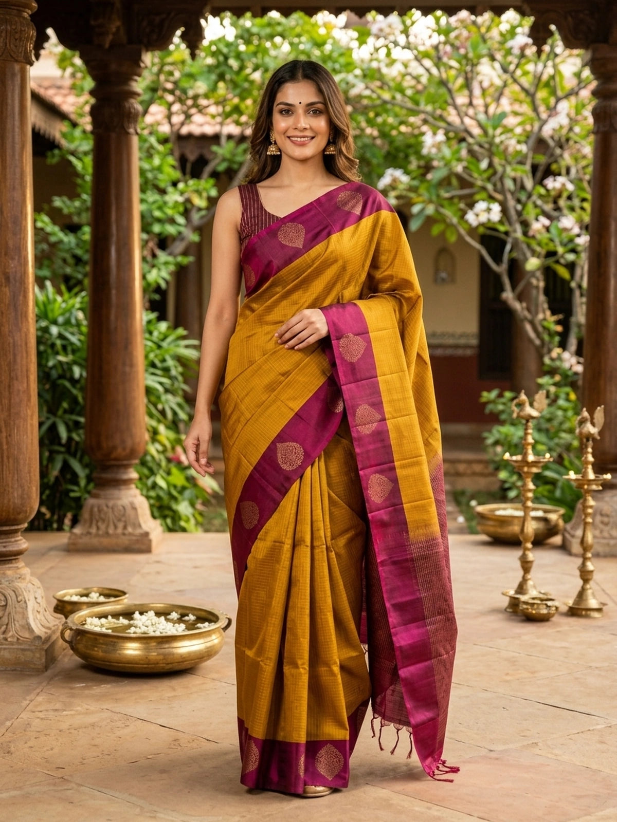 Mustard yellow pure soft silk saree with maroon contrast border and gold zari checks