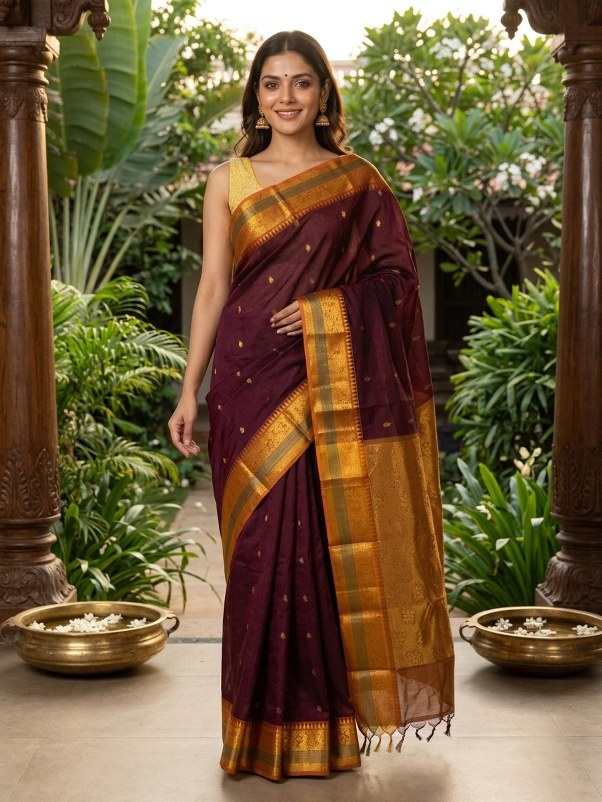 Wine Chettinad cotton saree with gold zari buttas and contrast mustard-gold temple border