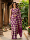 Purple and Beige Checked Banana Silk Sarees