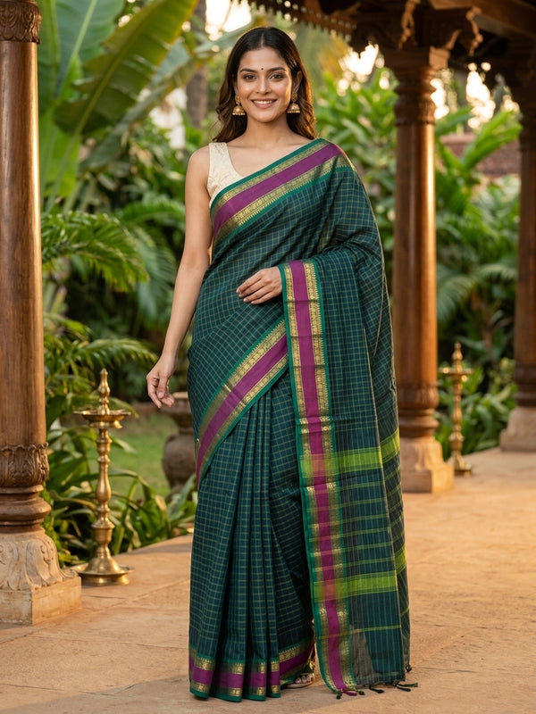 Teal green Chettinad cotton saree with checked body, magenta contrast gold zari border and matching pallu