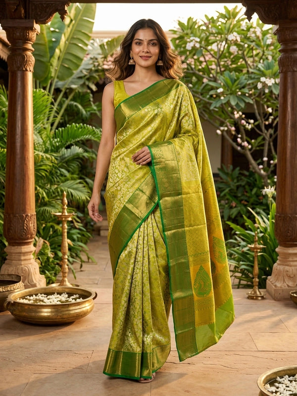 Parrot green and gold pure Kanchipuram silk saree with floral zari jaal and contrast green border