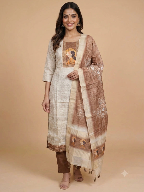 Beige tussar silk straight cut kurti set with artistic printed yoke and contrasting brown embroidered dupatta