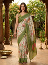 Cream and Green Linen Cotton Saree