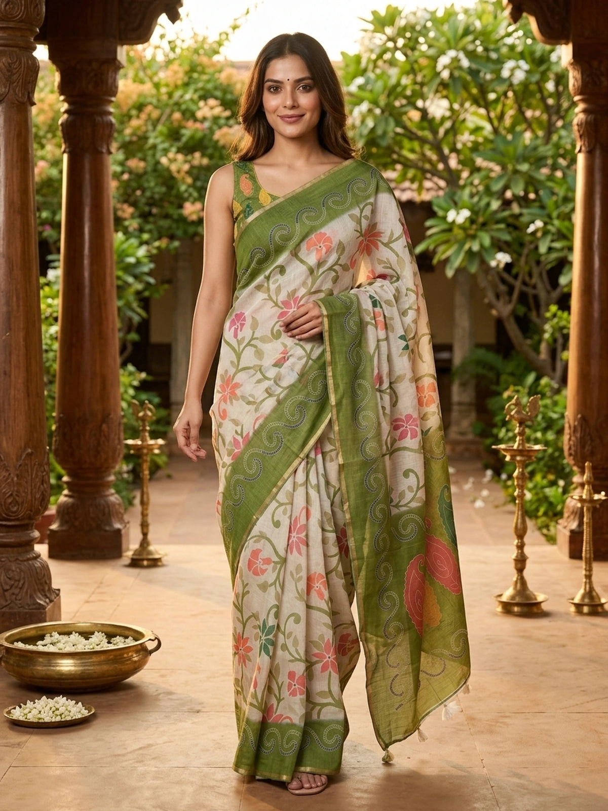 Cream linen cotton saree with floral print, green scrollwork border and paisley pallu