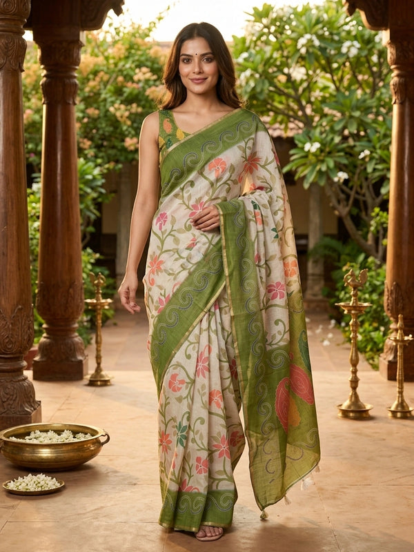 Cream linen cotton saree with floral print, green scrollwork border and paisley pallu