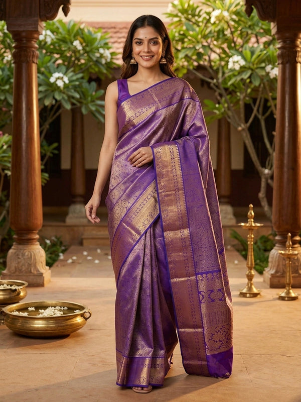 Violet pure Kanchipuram silk saree with all-over gold zari brocade and contrast border