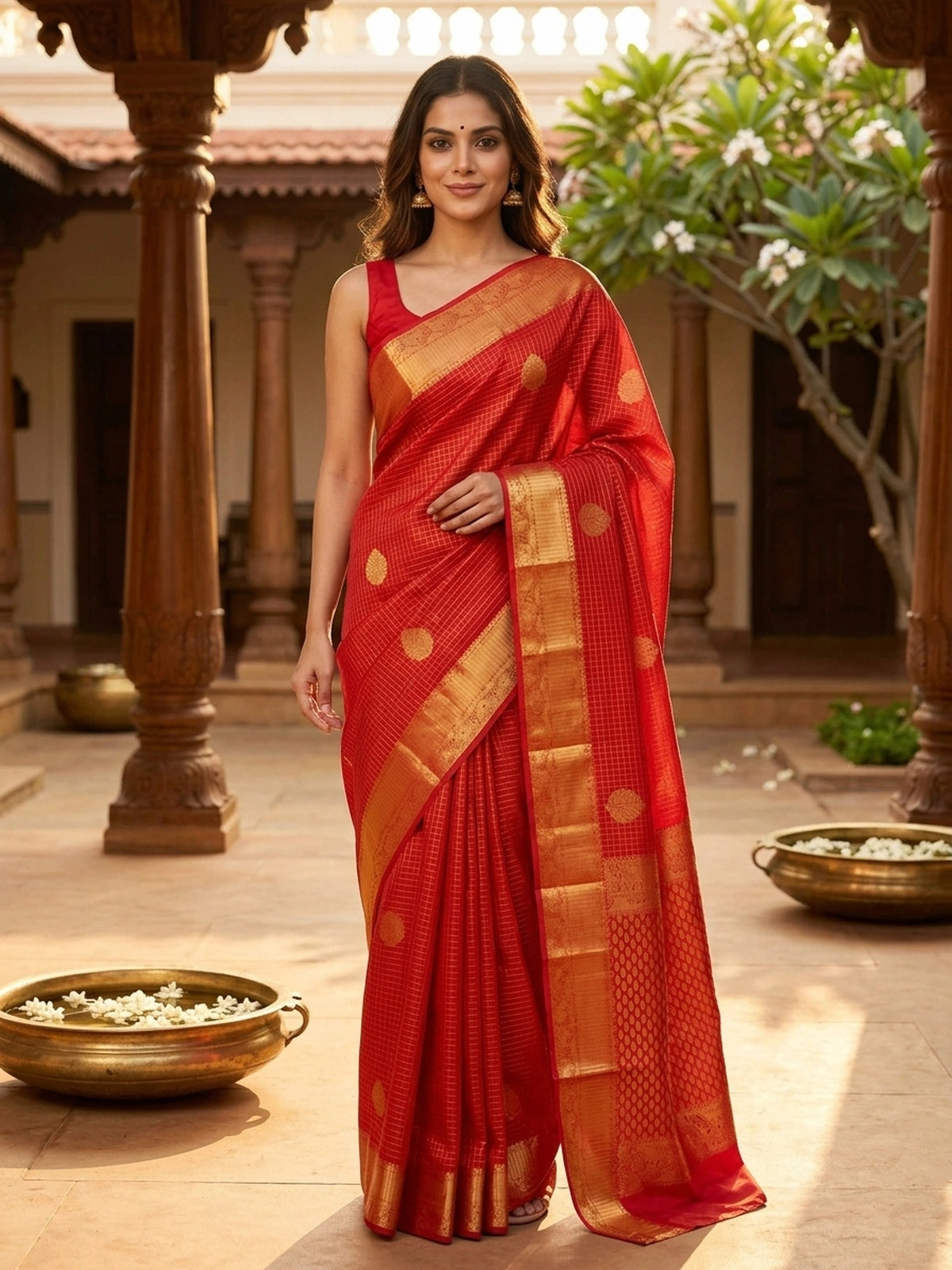 Red pure Kanchipuram silk saree with gold zari checks and contrast gold zari border