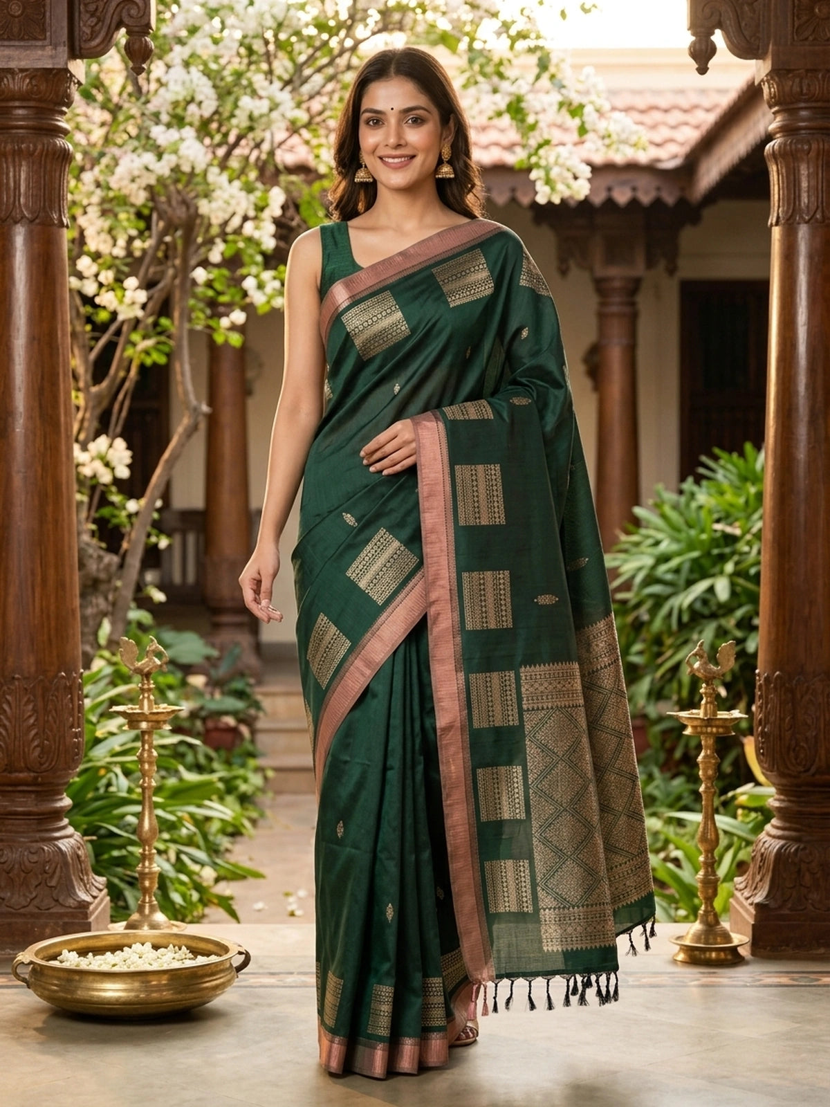 Bottle Green and Copper Semi Silk Saree