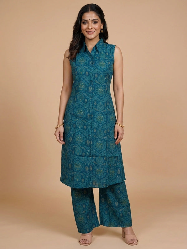 Teal cotton printed sleeveless collared co-ord kurti set with matching palazzo pants