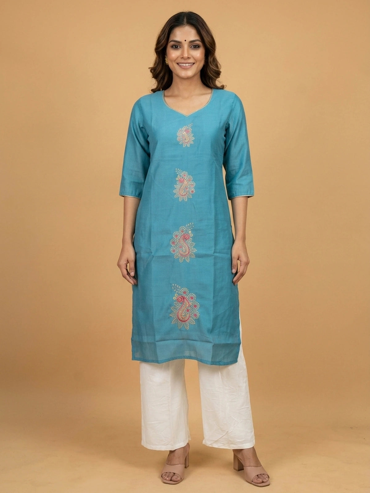 Teal Blue Paisley Embroidered Cotton Silk Straight Cut Kurti Top