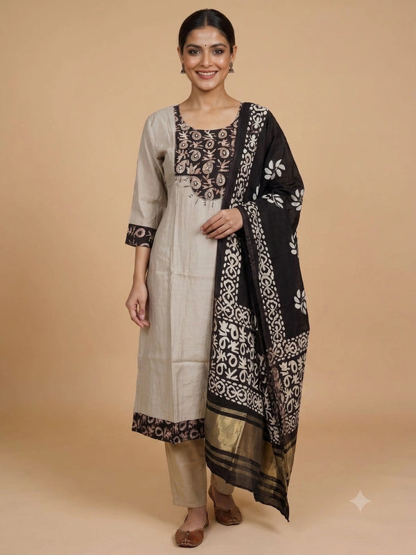 Grey batik cotton A-line kurti set with mirror work yoke and black batik dupatta with gold zari border