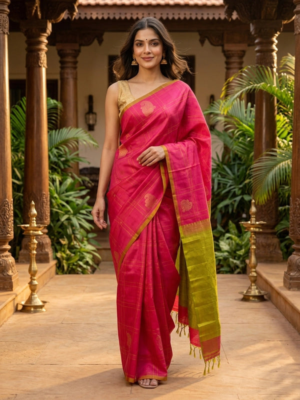 Rani pink Kanchipuram pure mix saree with gold zari checks and contrast lime green border and pallu