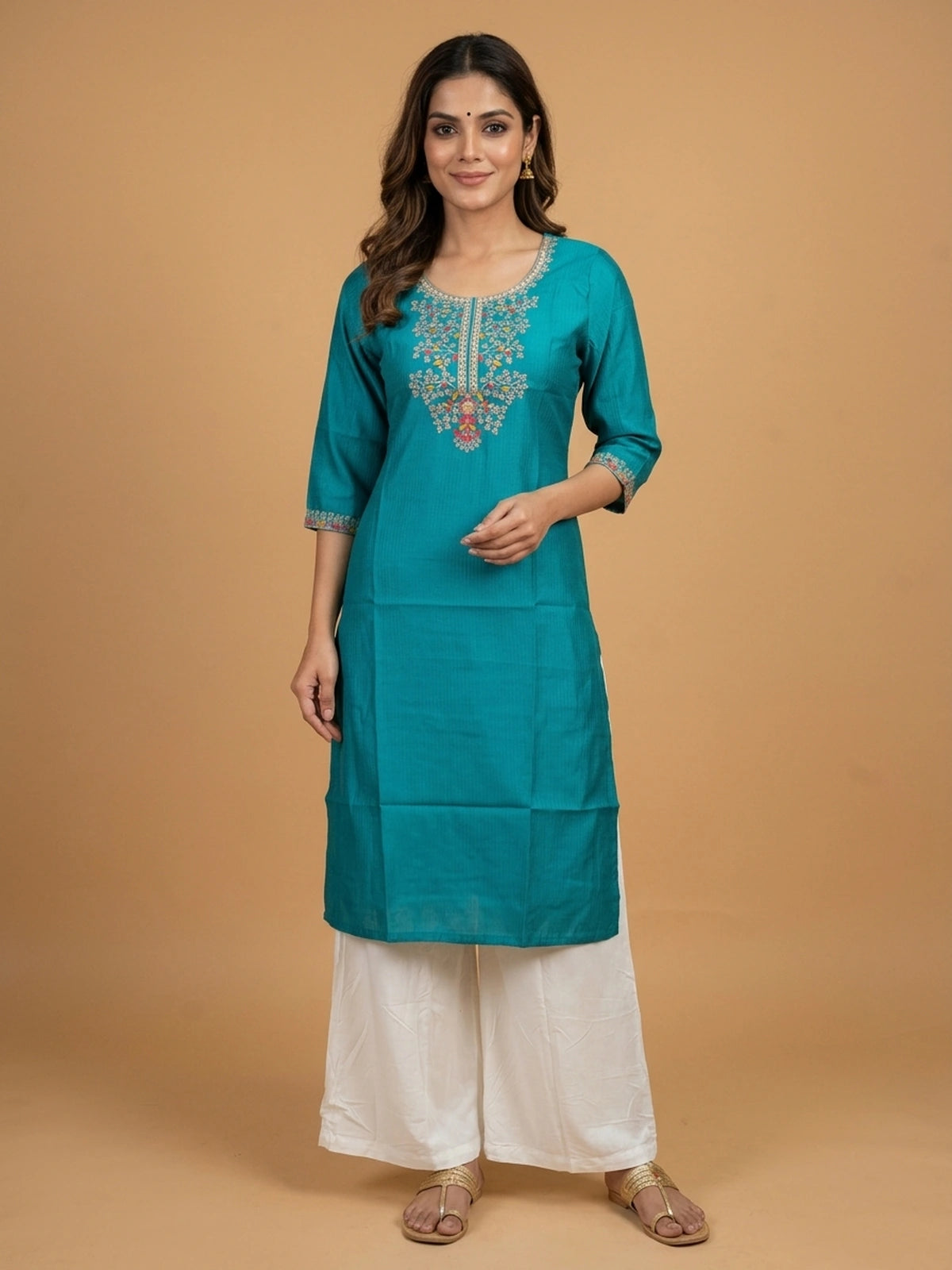 Teal embroidered cotton blend straight cut kurti top with floral zari neckline embroidery