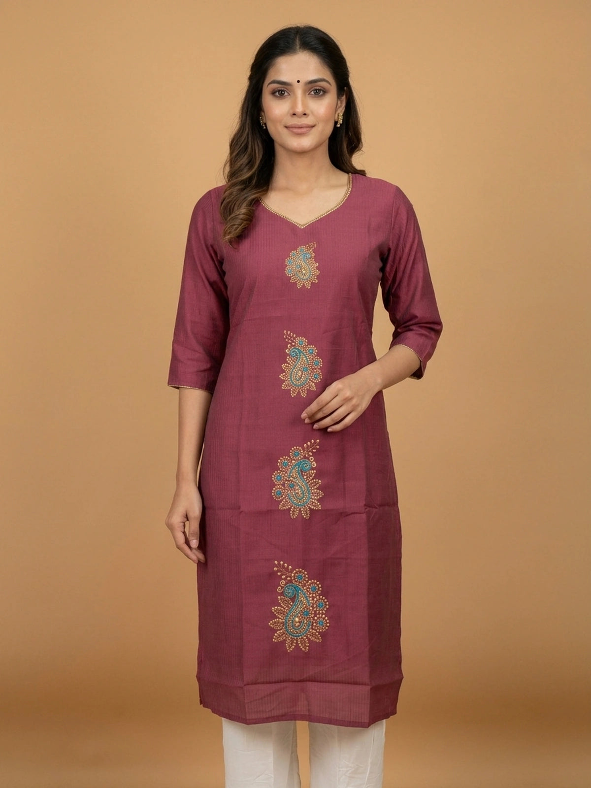 Wine art silk straight-cut kurti top with gold and teal paisley embroidery