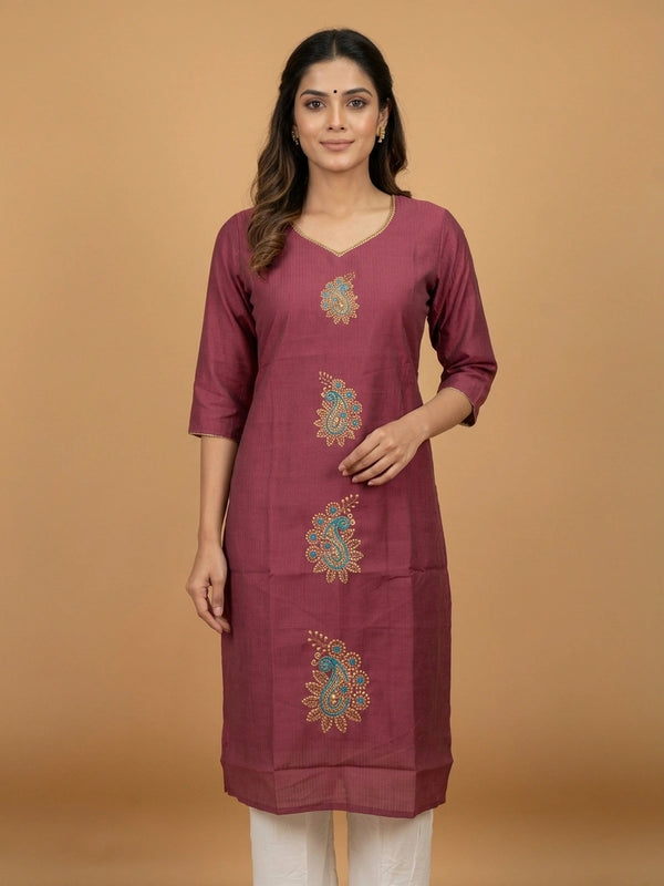 Wine art silk straight-cut kurti top with gold and teal paisley embroidery