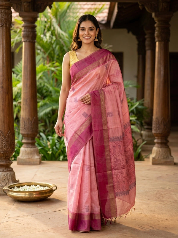 Pink semi raw silk saree with contrast rose border, gold zari and woven pallu motifs