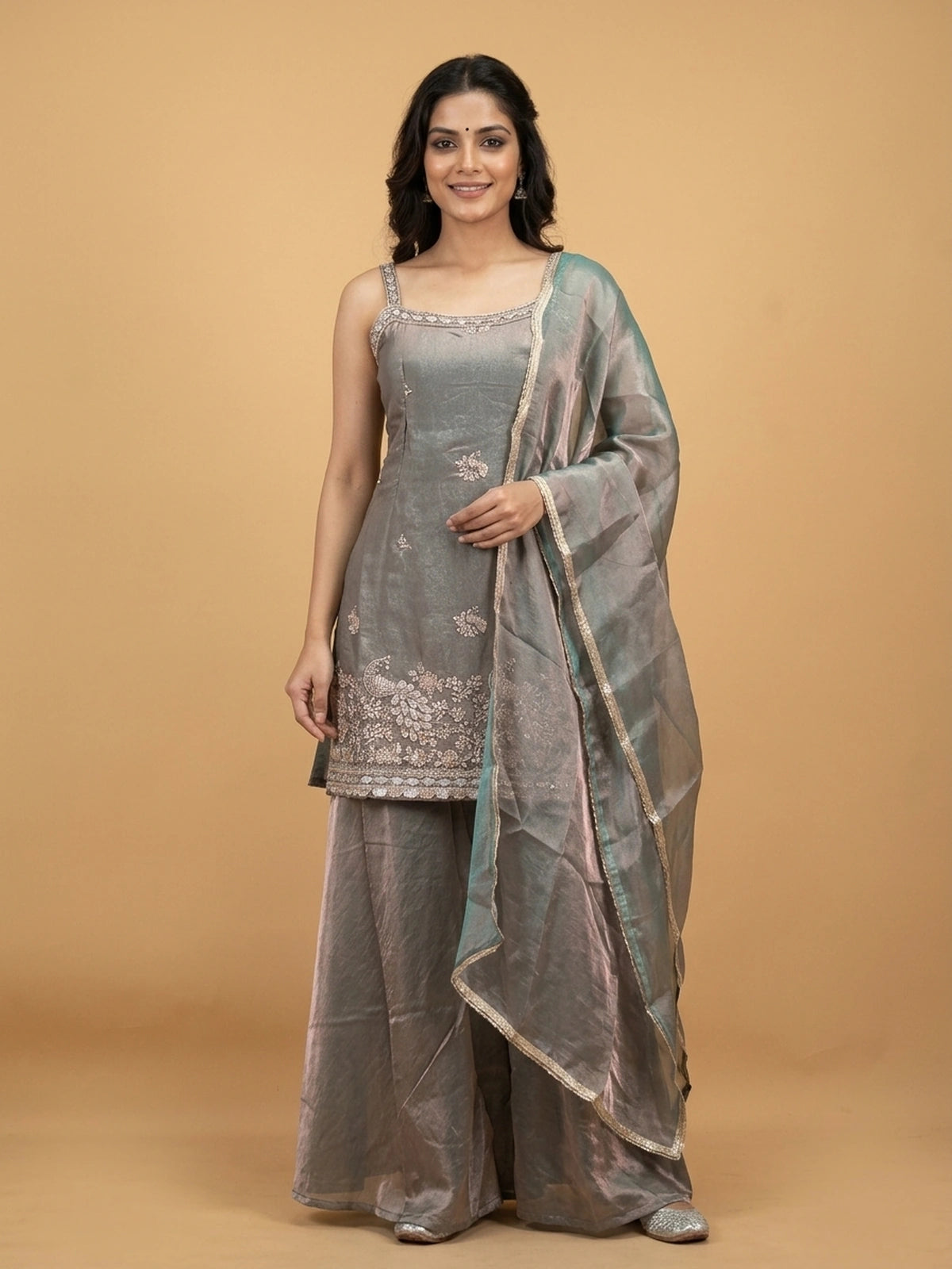 Grey tissue silk peacock embroidered straight cut kurti set with palazzo pants and shimmer dupatta