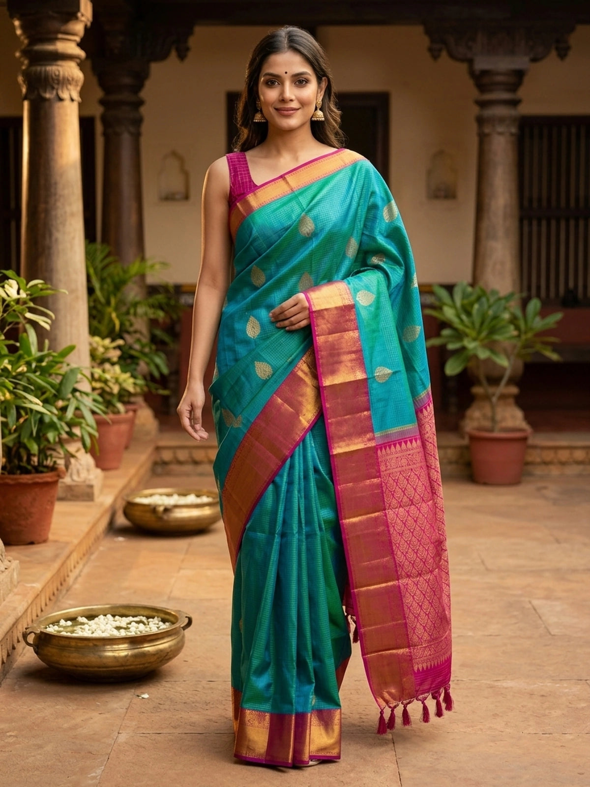 Peacock Teal and Pink Pure Kanchipuram Silk Saree