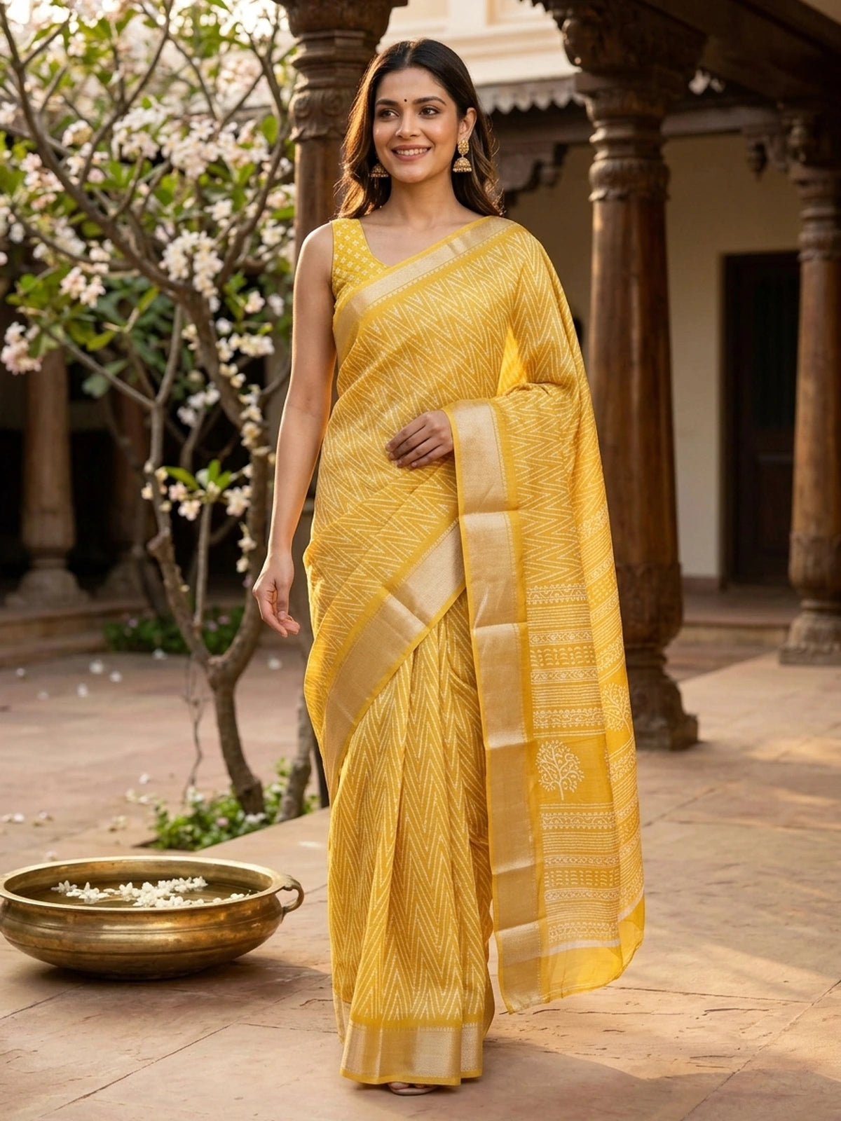 Yellow and White Designer Zari Work Cotton Saree