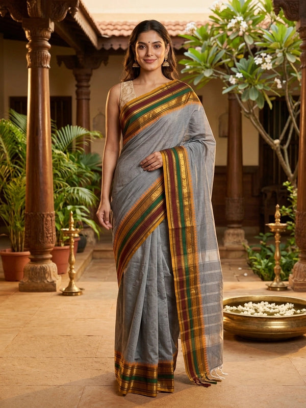 Grey Chettinad cotton saree with contrast mustard, maroon and green border and gold zari temple motifs
