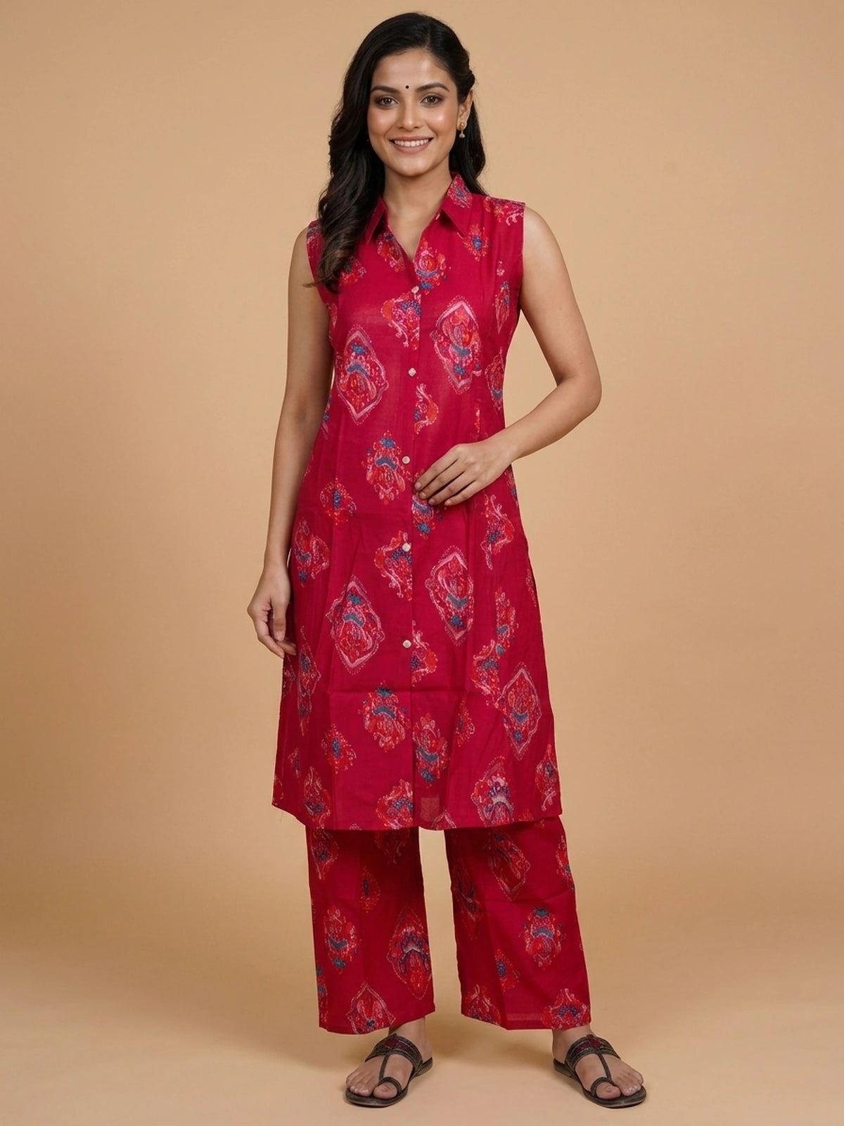 Red Ikat printed cotton sleeveless shirt-collar co-ord kurti set with palazzo pants and beige dupatta