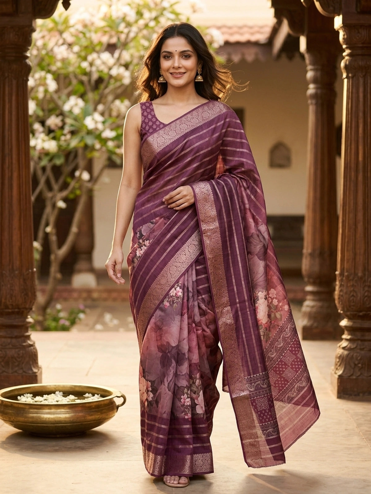 Wine semi tussar saree with gold zari stripes, floral print pallu and zari border