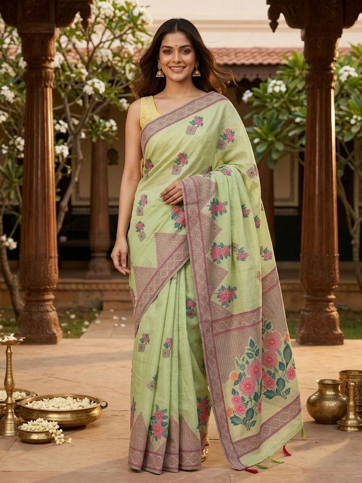 Pastel Green and Pink Linen Cotton Saree