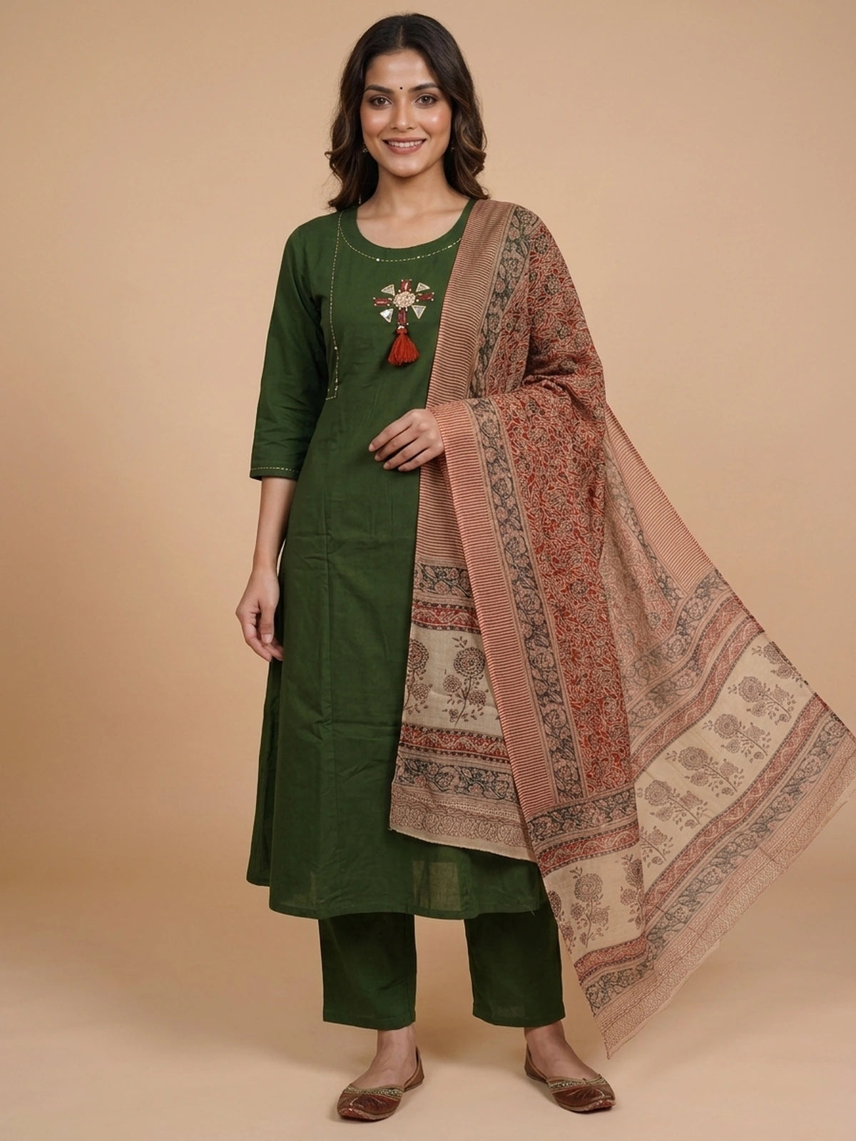 Mehendi green cotton mirror work Anarkali kurti set with rust printed dupatta and matching pants