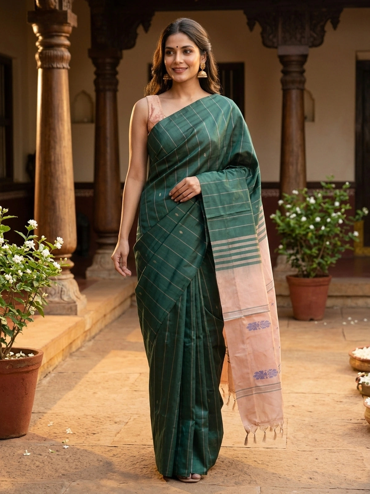 Dark green banana silk saree with gold zari stripes and contrast peach pallu with blue floral motifs