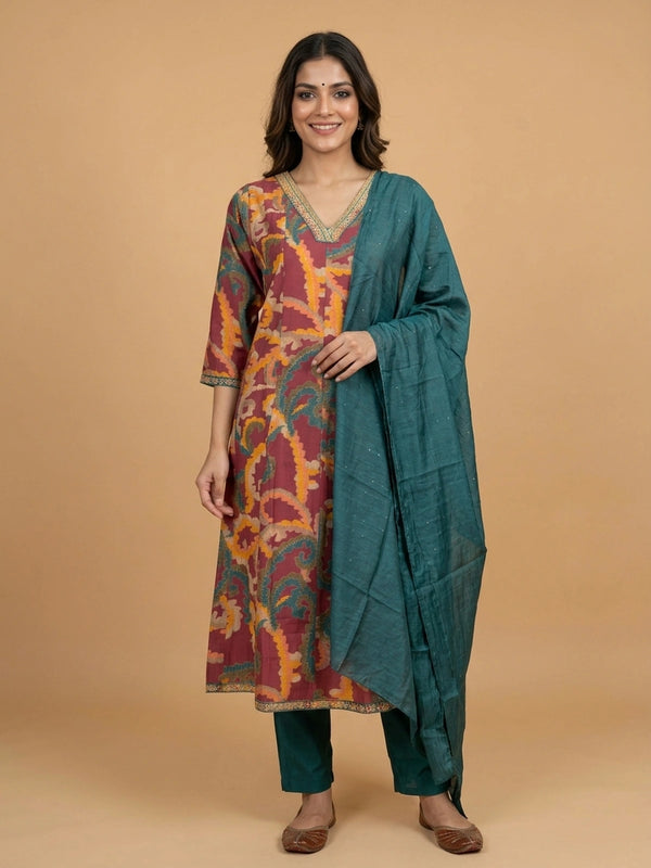 Maroon multicolour paisley print art silk A-Line kurti set with teal dupatta and pants