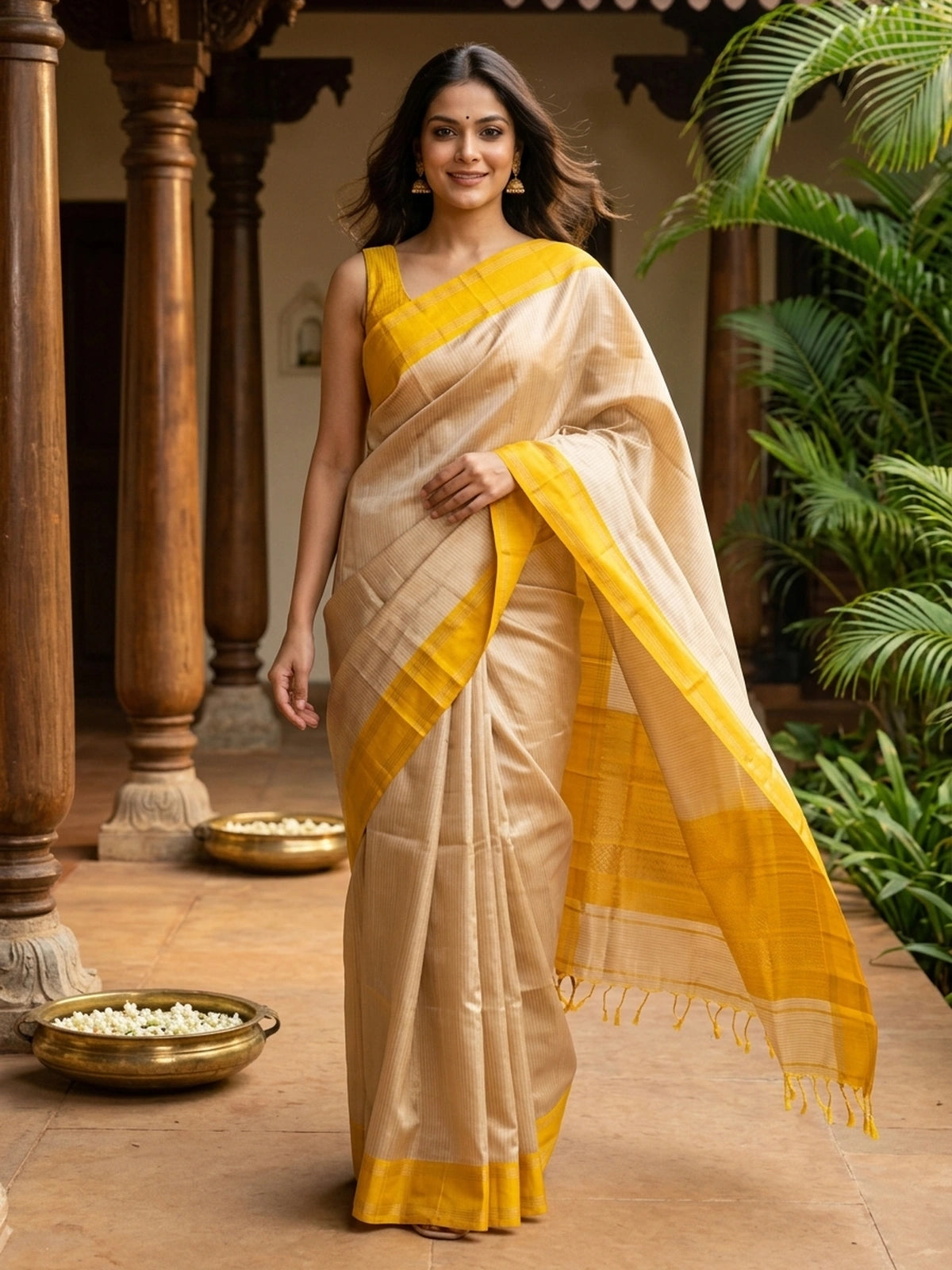 Cream pure soft silk saree with contrast mustard-yellow gold zari border and tasselled pallu