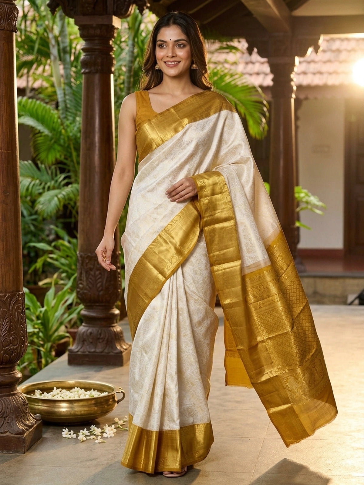 Cream and Gold Pure Kanchipuram Silk Saree