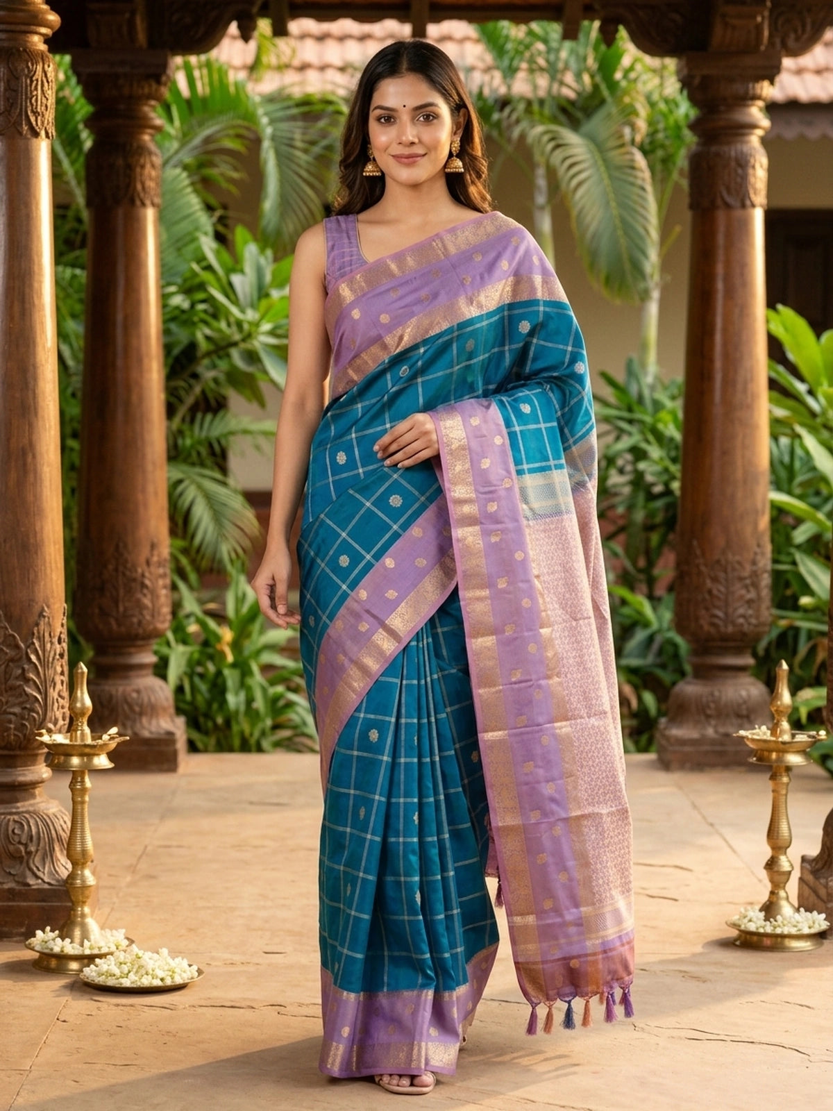 Peacock blue pure Kanchipuram silk saree with gold zari checks and contrast lavender zari border
