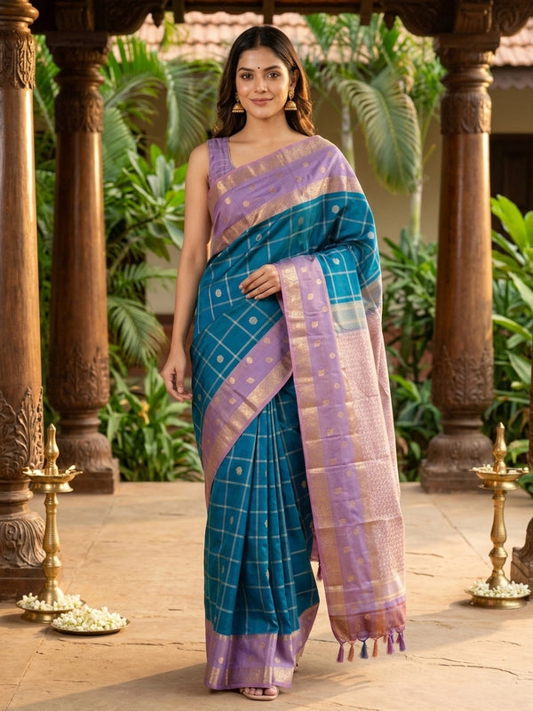Peacock blue pure Kanchipuram silk saree with gold zari checks and contrast lavender zari border