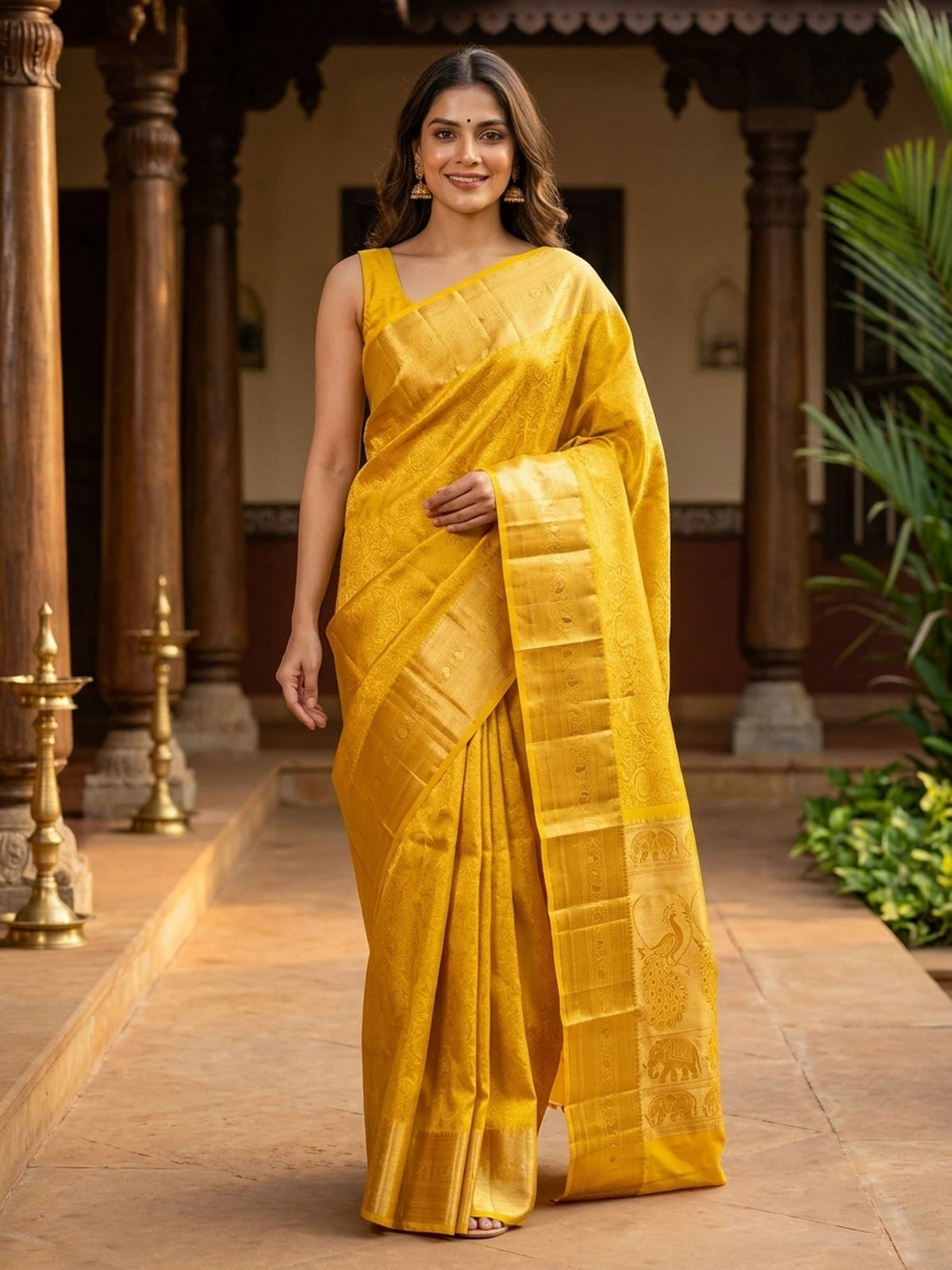 Yellow and Gold Pure Kanchipuram Silk Saree