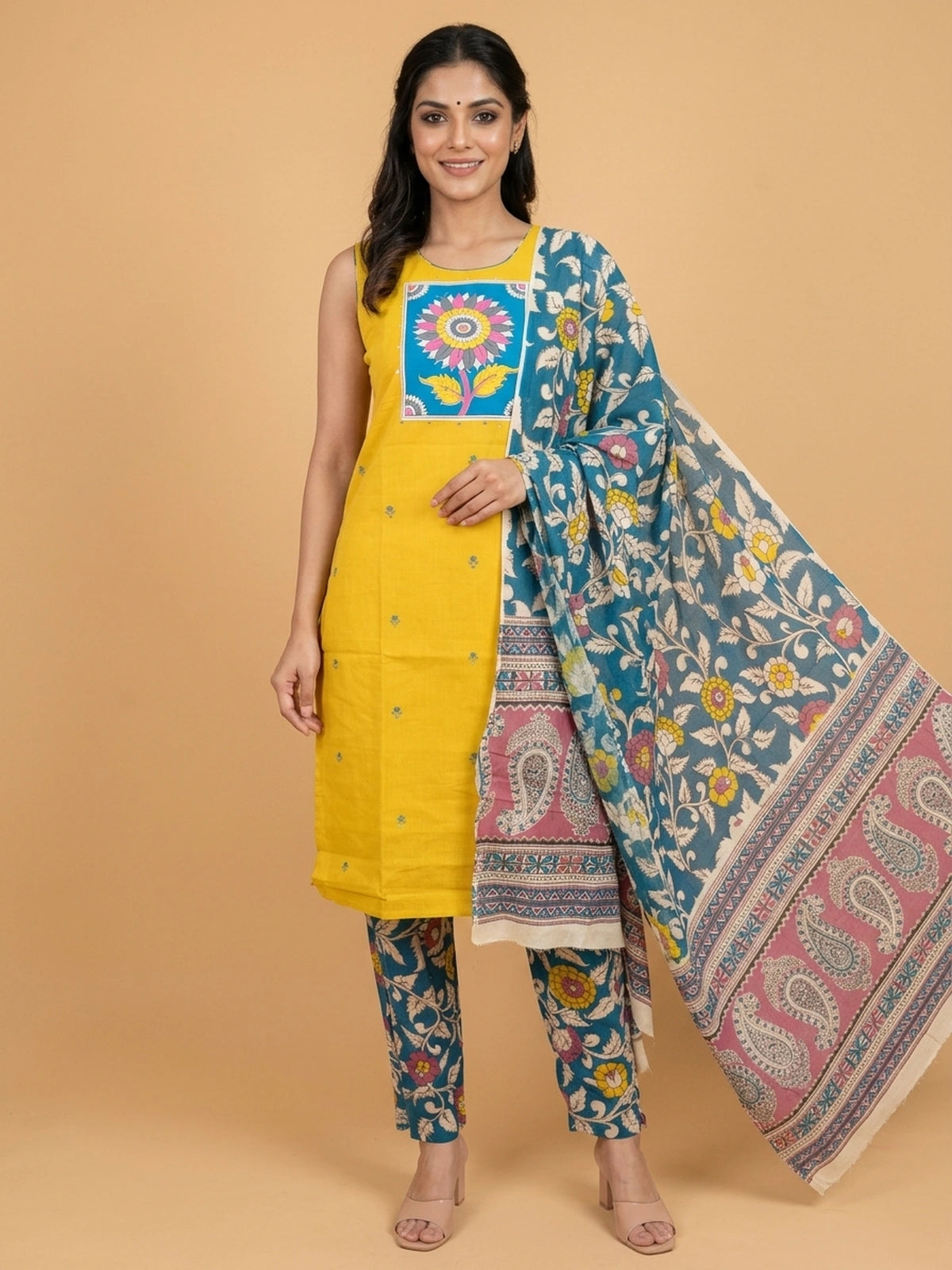 Mustard Yellow cotton straight cut kurti set with Kalamkari floral print yoke, teal printed pants and matching dupatta