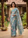 Teal Blue and Pink Floral Designer Zari Work Art Silk Saree